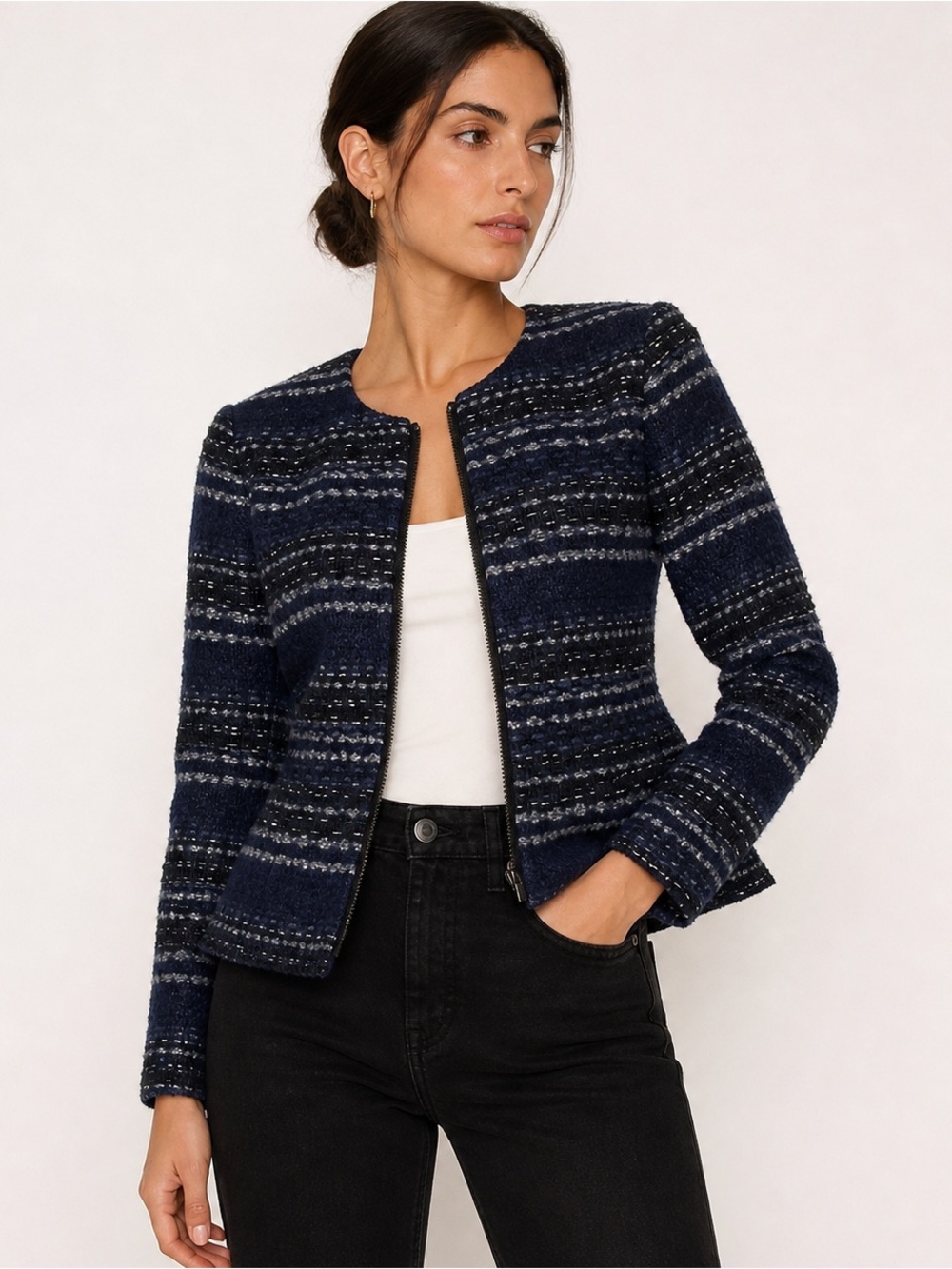 Rebecca Taylor Blue Tweed Zip Front Jacket Size 2 | Wool Blend Boucle Lady